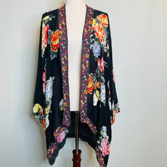Johnny Was Tops - Johnny Was Black Boho Floral Embroidered Lightweight Open Silky Kimono | Medium